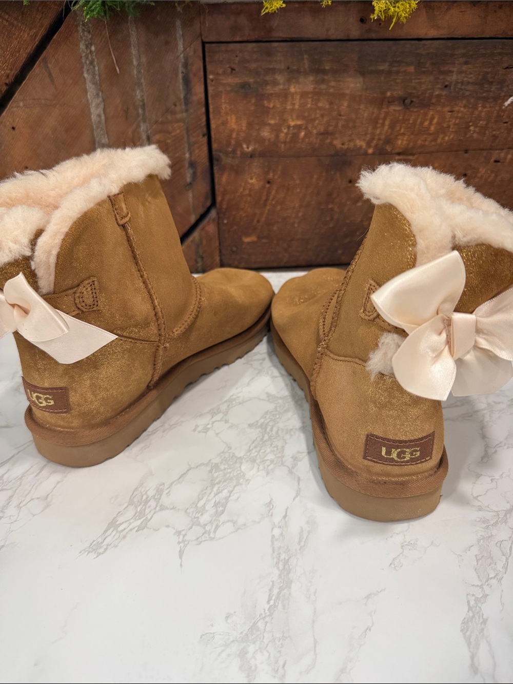 UGG Chestnut GLITTER Suede Ankle Boots with Blush Satin Bows
